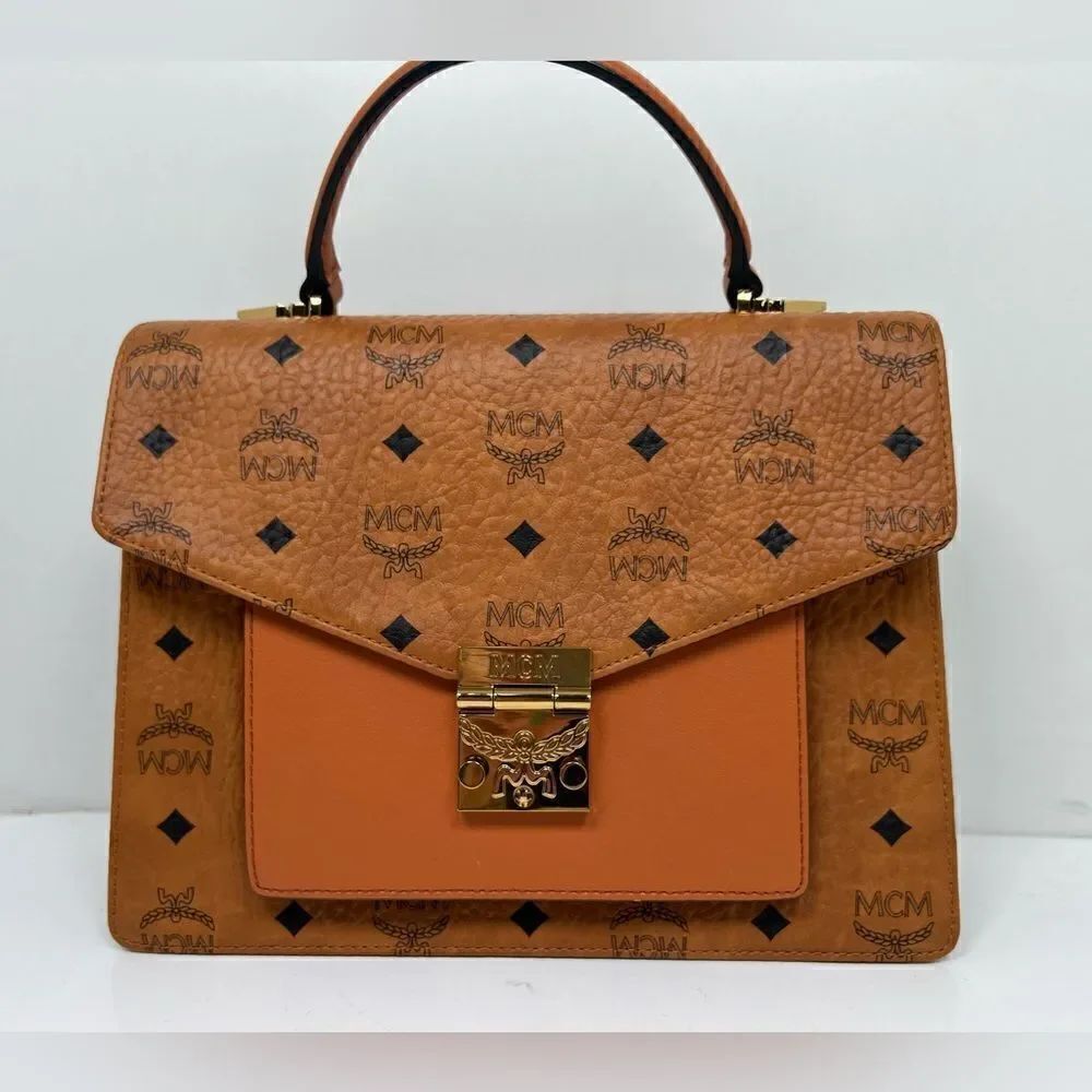 MCM Visetos Medium Patricia Pocket Satchel Cognac